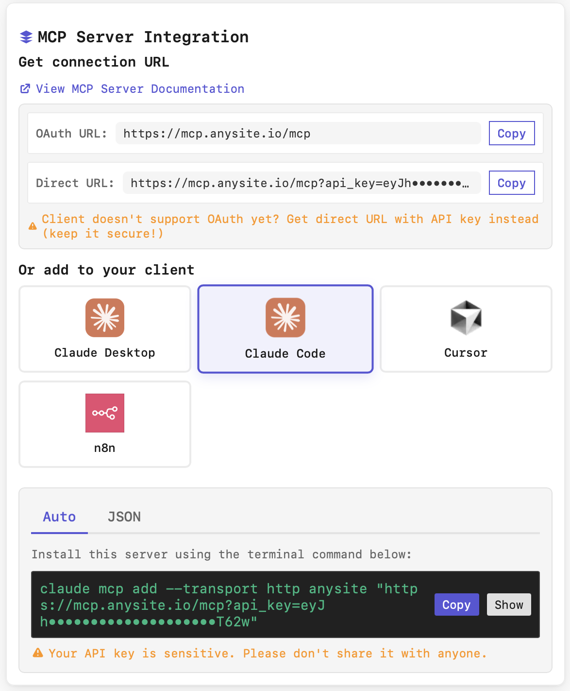 Anysite MCP Server Integration - Get Connection URL