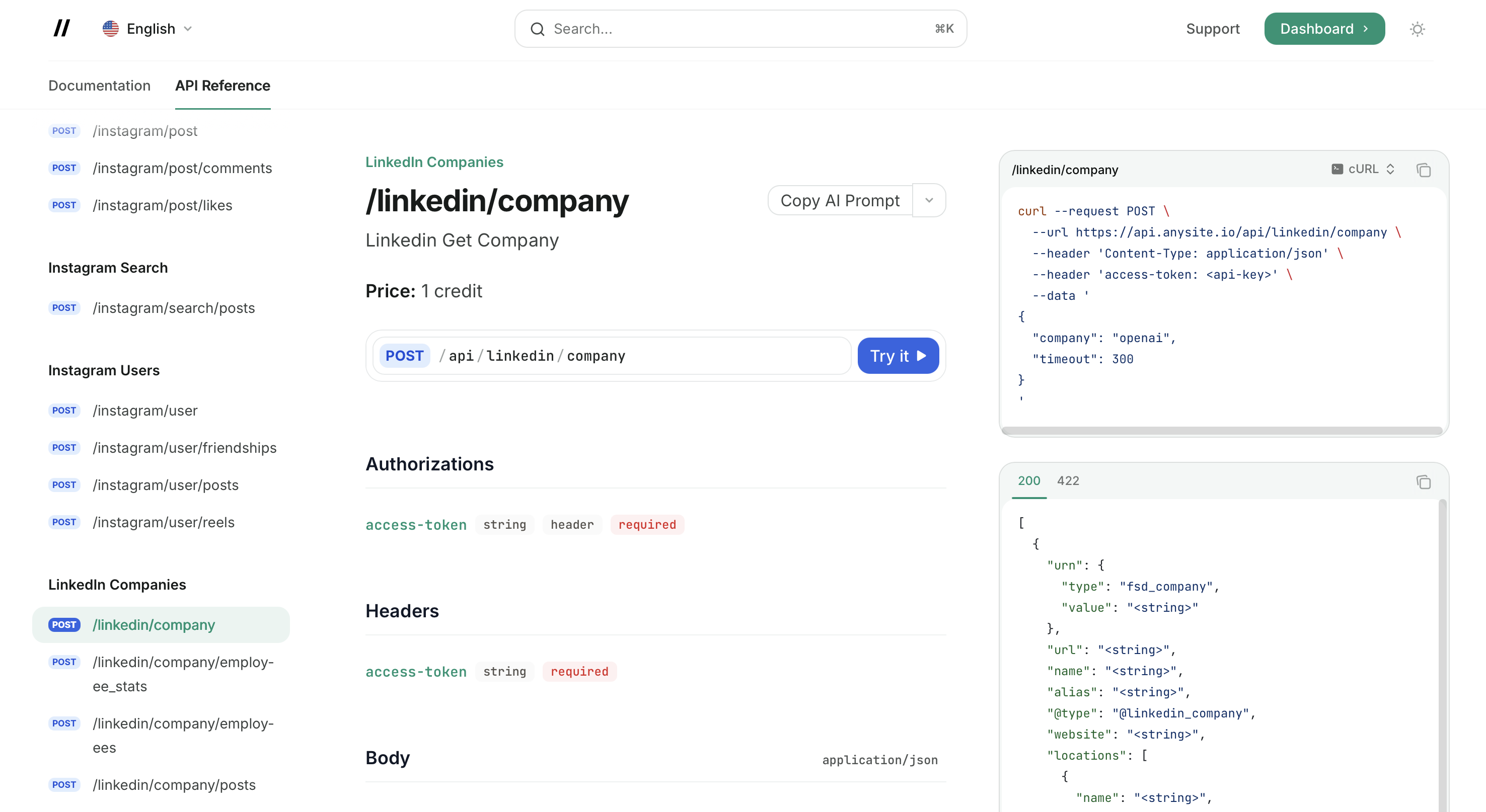 Anysite API Reference — AI Prompt button on endpoint page