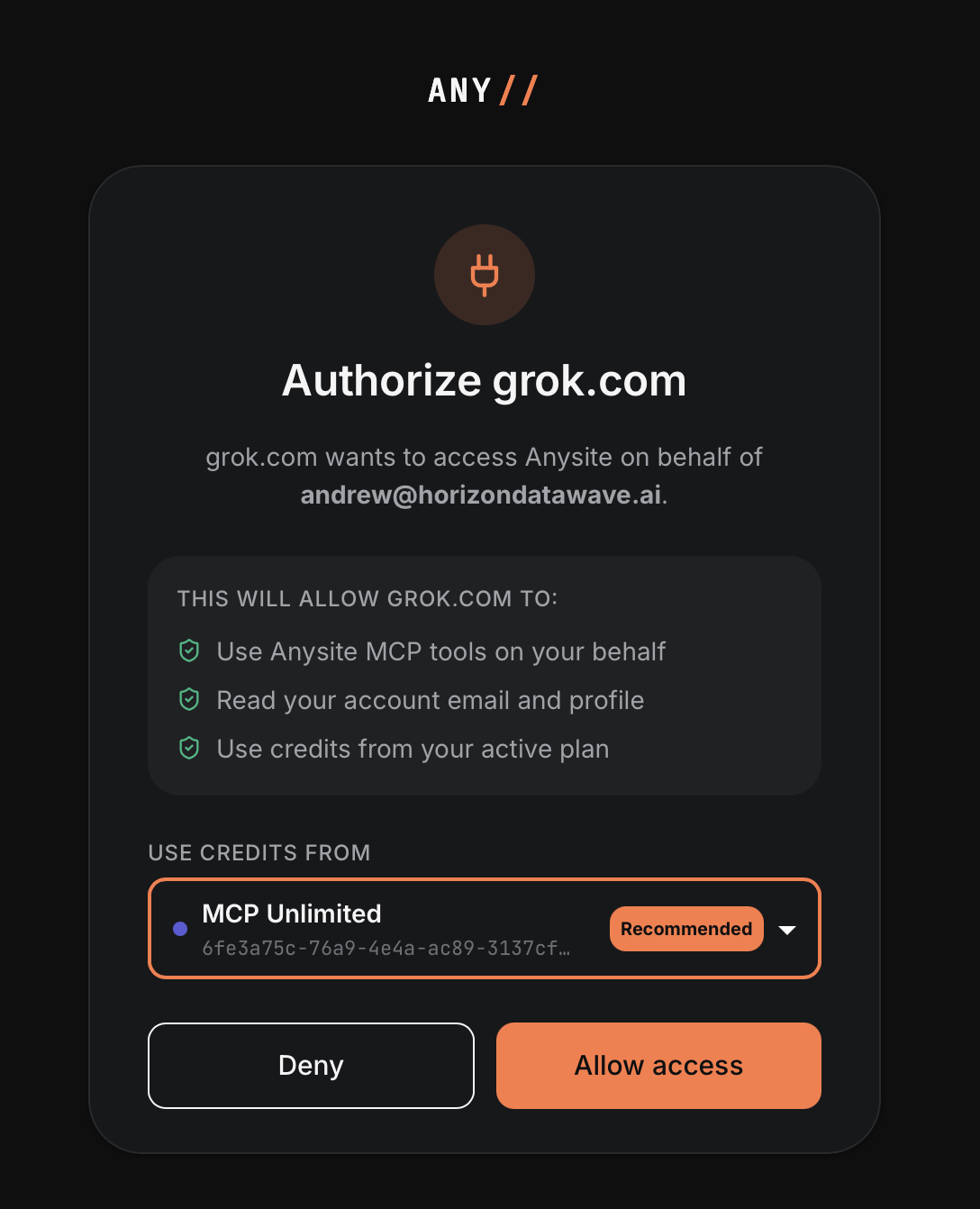 Anysite OAuth authorization page for grok.com