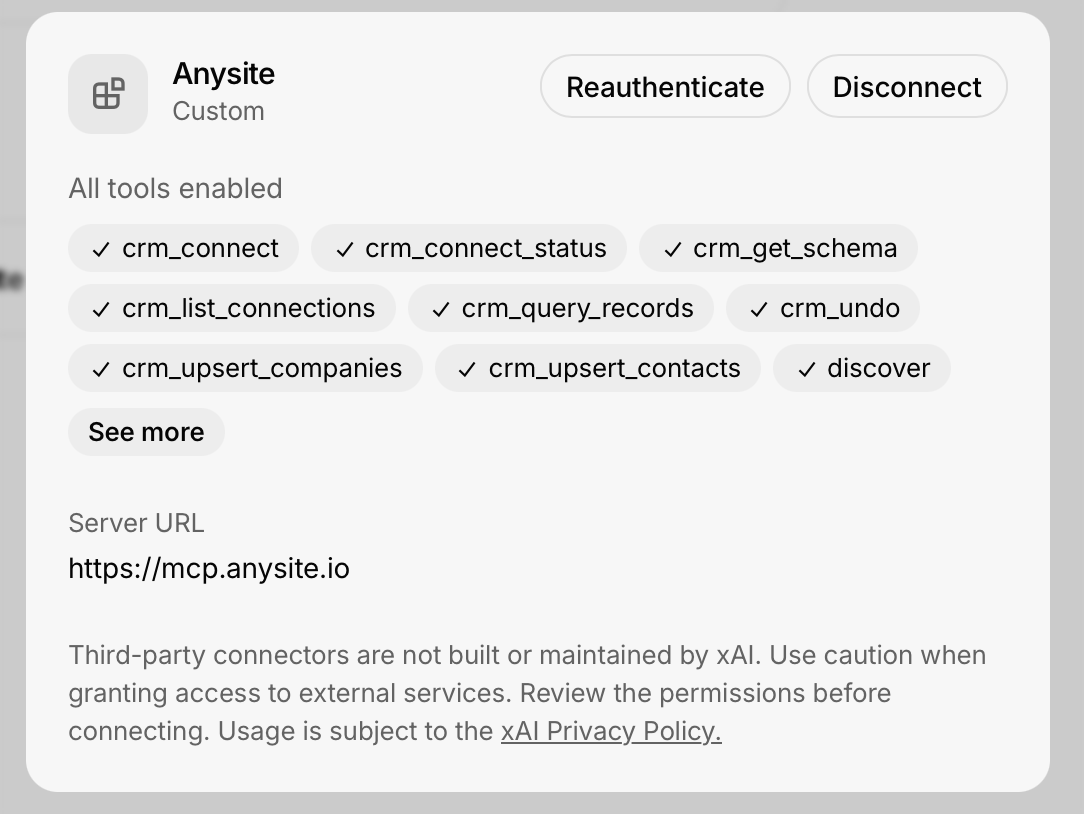 Anysite connector connected in Grok with all tools enabled