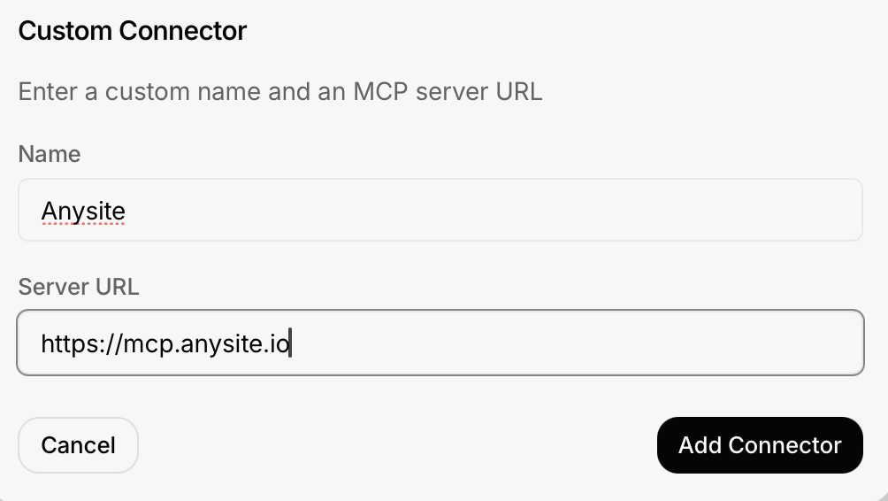 Custom Connector form with Anysite name and MCP server URL