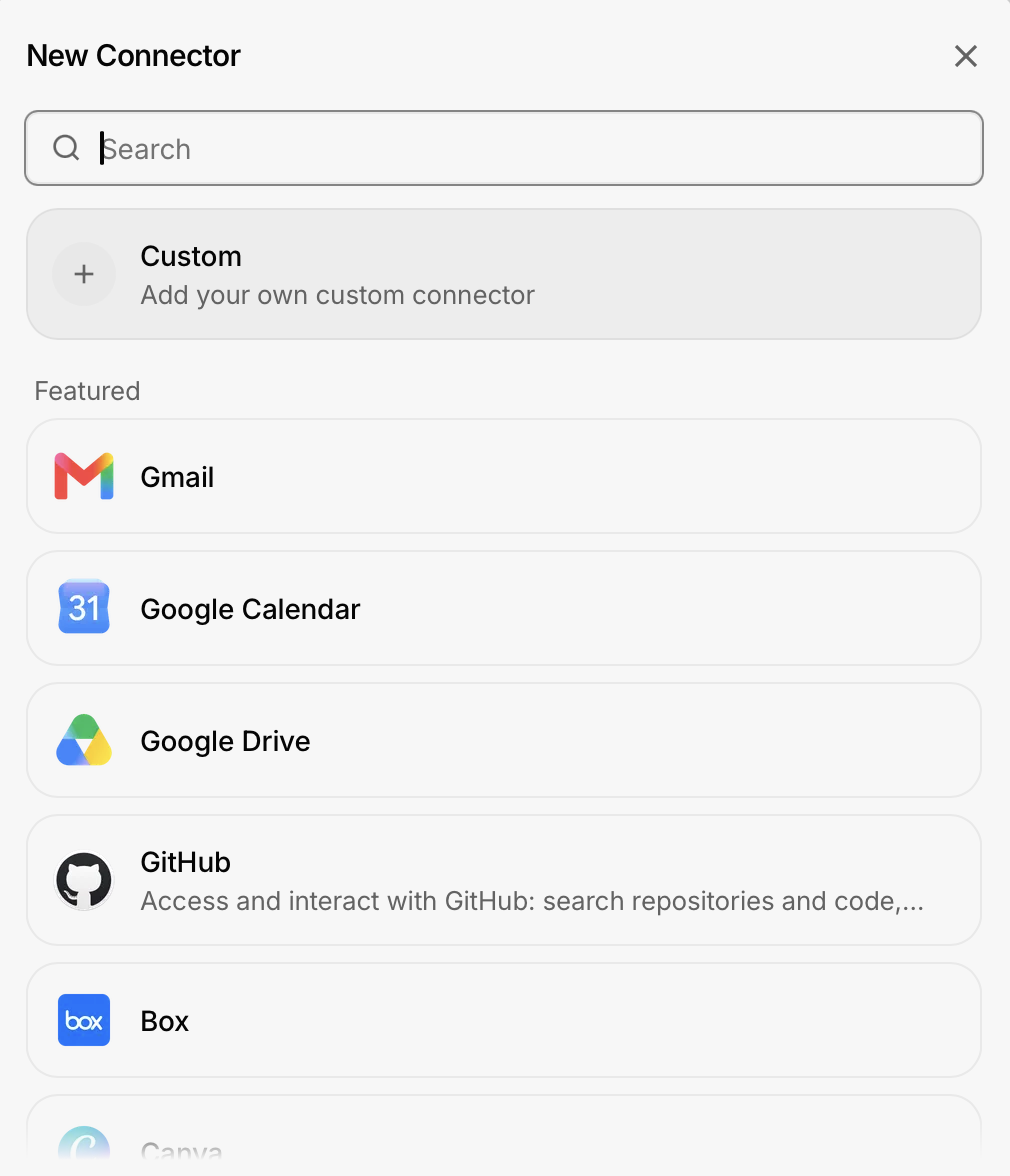 Grok New Connector dialog with Custom option