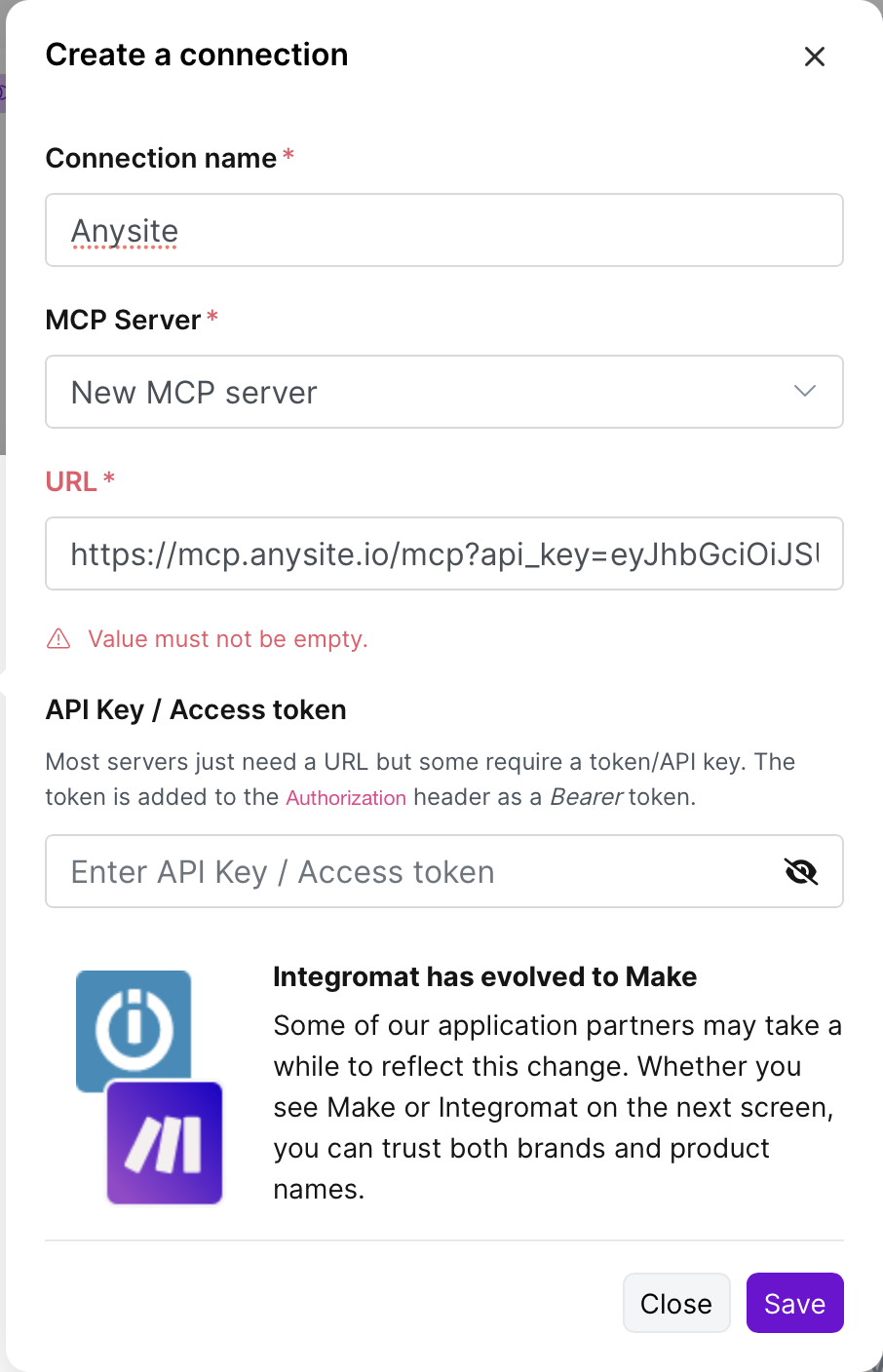 粘贴带有 API Key 的 Direct URL